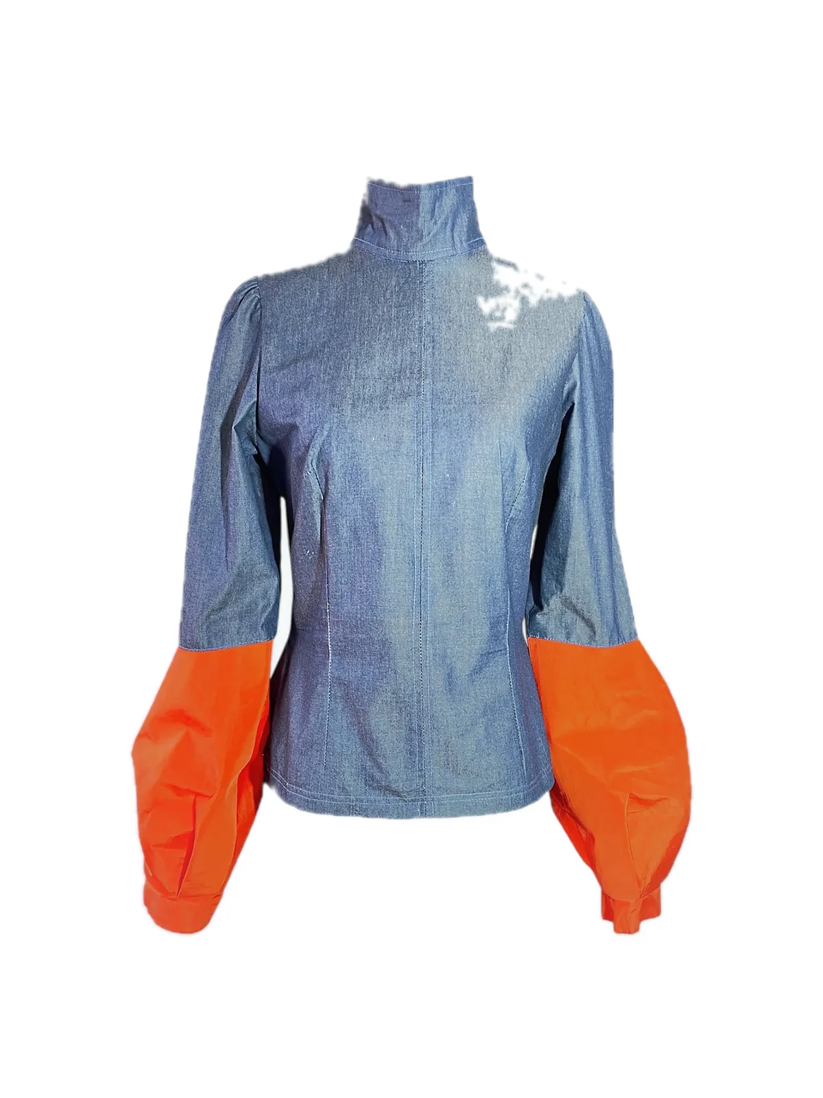 Camisa con bocamanga naranja, Denim y tafetán reciclado