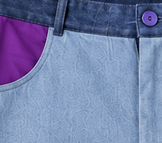 Detalle del tejido: Denim de distintos tonos y tafetán morado 
